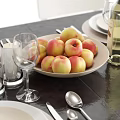 Modern Dining Table Set With White Chairs Tableware Peaches And Wine Glasses 3d model