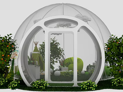 White Swing Door In Transparent Spherical Building Surrounded By Green Plants And Interior Decorations 3d model