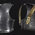 Pair of Ancient Metal Breastplate Armor With Gold Straps And Riveted Design 3d model