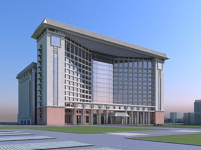 Modern Office Building Exterior With Glass Curtain Wall Roof Structure And Front Plaza 3d model