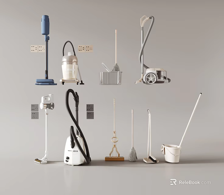 Display Of Various Daily Use Electrical Cleaning Appliances And Tools 3d model 