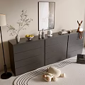 Gray Console Table Side Cabinet with Vase Fruits Rabbit Figurine Floor Lamp Wall Art Carpet