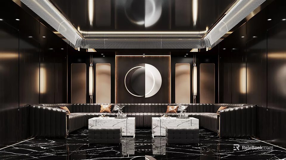 Modern Luxury KTV Room Interior Design With Leather Sofa Round Wall Decor And Ambient Lighting 3d model 