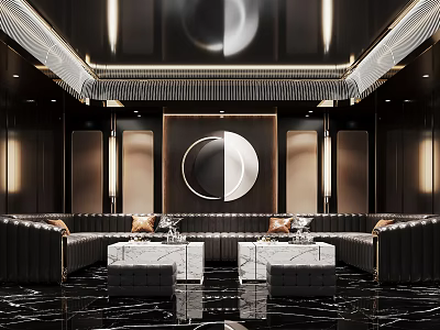 Modern Luxury KTV Room Interior Design With Leather Sofa Round Wall Decor And Ambient Lighting 3d model