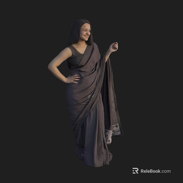 A Woman Smiling With Hand On Hip Wearing Saree Against Black Background 3d model 