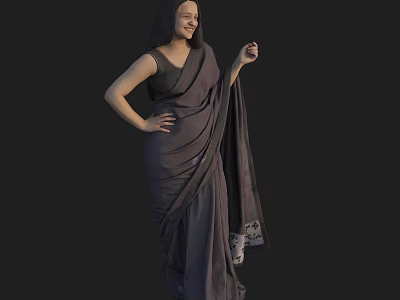 A Woman Smiling With Hand On Hip Wearing Saree Against Black Background 3d model