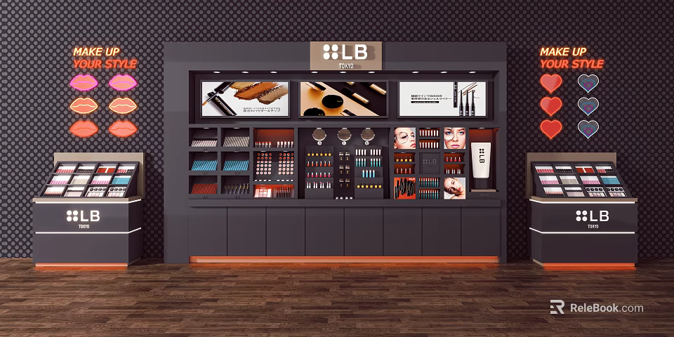LB Brand Cosmetics Display Shelves with Digital Screens and Product Arrangement in Modern Retail Store 3d model 