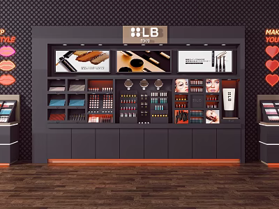 LB Brand Cosmetics Display Shelves with Digital Screens and Product Arrangement in Modern Retail Store 3d model
