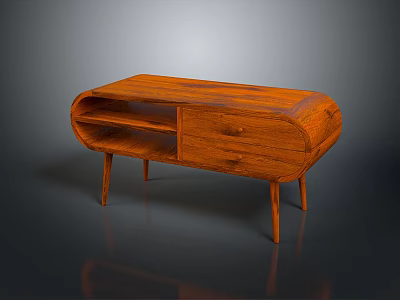 Oval Shaped Wooden Dining Table With Drawer Open Shelf And Slender Legs 3d model