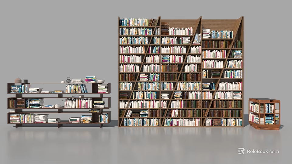 Multi Tiered Wooden Bookshelves Neatly Filled With Various Books In Home Library 3d model 