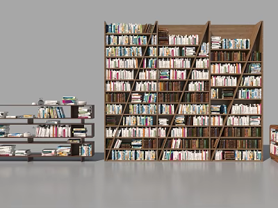 Multi Tiered Wooden Bookshelves Neatly Filled With Various Books In Home Library 3d model