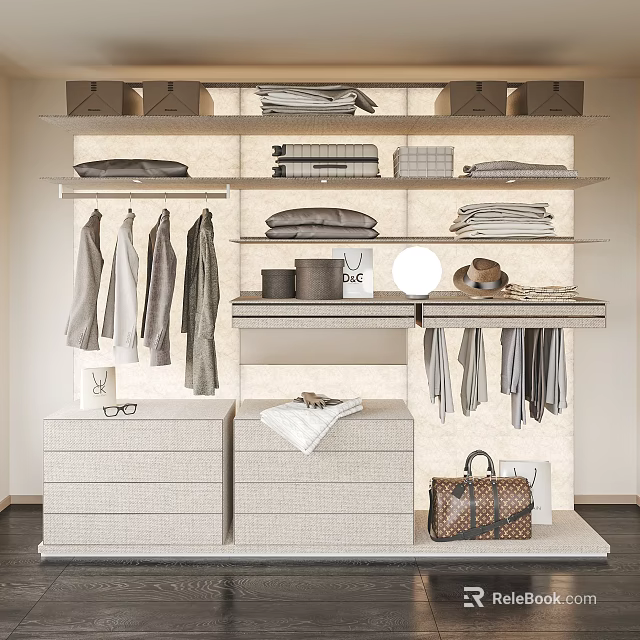 Modern Wardrobe Interior Design With Hanging Clothes Folded Garments Drawers And Accessories 3d model 