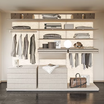 Modern Wardrobe Interior Design With Hanging Clothes Folded Garments Drawers And Accessories 3d model