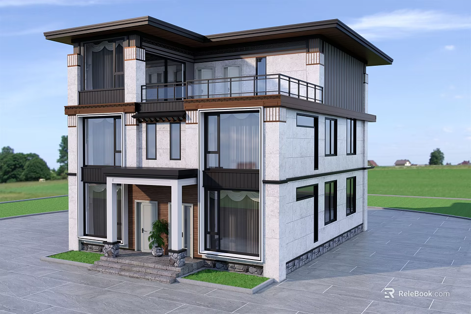 Modern Two Story Detached Villa Exterior With Large Windows Balcony And Lawn Driveway 3d model 
