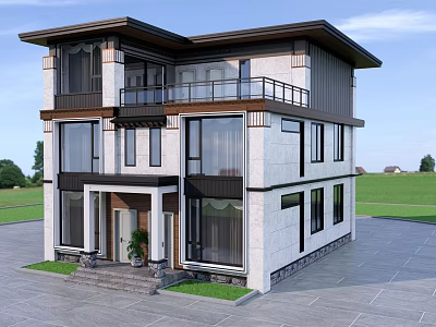 Modern Two Story Detached Villa Exterior With Large Windows Balcony And Lawn Driveway 3d model