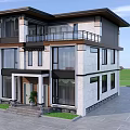 Modern Two Story Detached Villa Exterior With Large Windows Balcony And Lawn Driveway