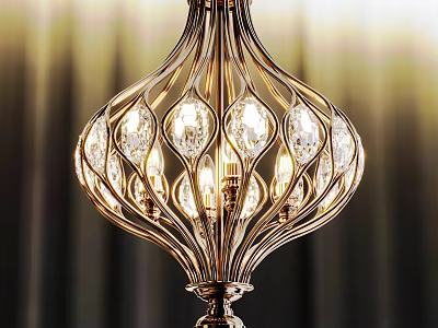 Elegant Intricate Curved Metal Chandelier With Crystal Glass Bulbs And Warm Illuminated Light 3d model