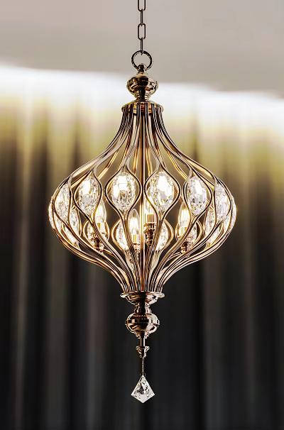 Elegant Intricate Curved Metal Chandelier With Crystal Glass Bulbs And Warm Illuminated Light 3d model