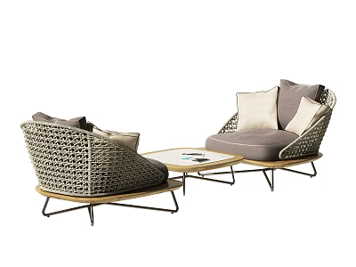 Modern Leisure Sofa Set with Rattan Structure Gray Cushions Metal Legs and Coffee Table 3d model