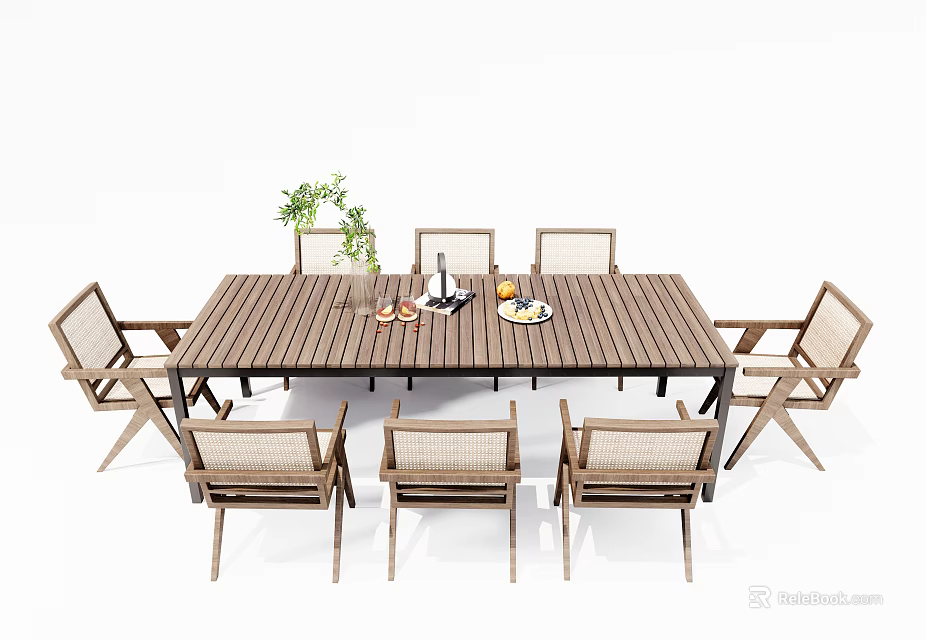 Outdoor Wooden Dining Table and Chairs Set With Woven Seats and Potted Plant 3d model 