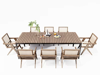 Outdoor Wooden Dining Table and Chairs Set With Woven Seats and Potted Plant 3d model