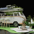 White Functional Coffee And Beer Vending Vehicle With Green Plants And Stools