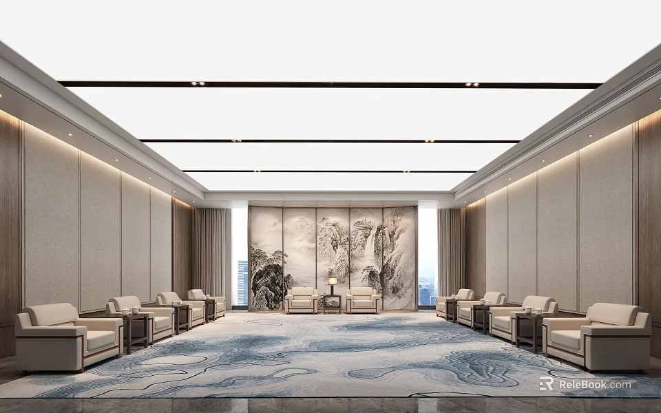 Traditional Chinese Reception Room With Landscape Painting Carpet Sofa And Lighting Design 3d model 