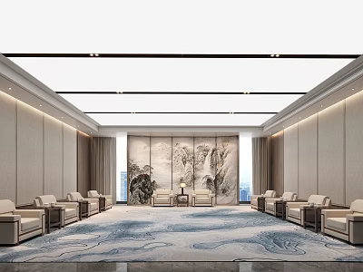 Traditional Chinese Reception Room With Landscape Painting Carpet Sofa And Lighting Design 3d model