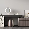 Modern Dark Dressing Table With Round Mirror Cosmetics Brown Stool And Grey Wall 3d model