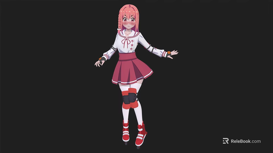 Anime Woman with Pink Hair White Top Pink Skirt Knee Pads Red Shoes Arms Outstretched 3d model 
