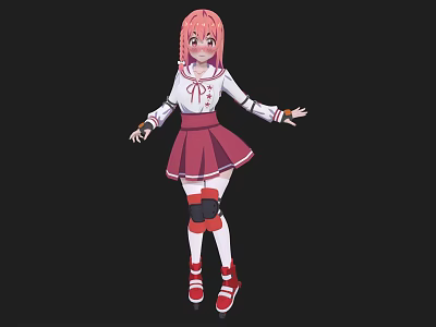 Anime Woman with Pink Hair White Top Pink Skirt Knee Pads Red Shoes Arms Outstretched 3d model