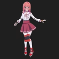 Anime Woman with Pink Hair White Top Pink Skirt Knee Pads Red Shoes Arms Outstretched