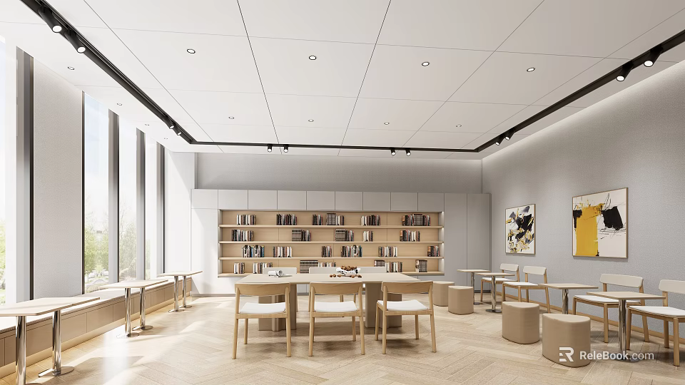 Modern Interior With Bookshelves Tables Chairs Large Windows And Light Wooden Flooring 3d model 