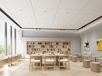 Modern Interior With Bookshelves Tables Chairs Large Windows And Light Wooden Flooring 3d model