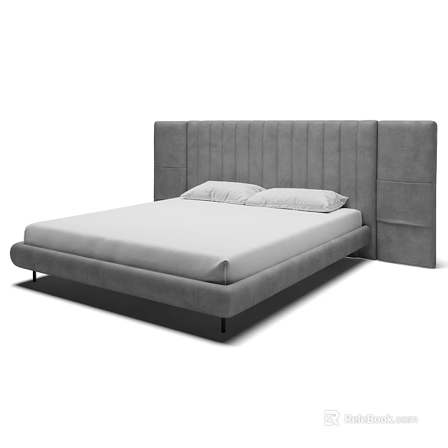 Modern Minimalist Grey Double Bed With Vertical Tufted Wide Headboard And Soft Mattress 3d model 