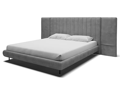 Modern Minimalist Grey Double Bed With Vertical Tufted Wide Headboard And Soft Mattress 3d model