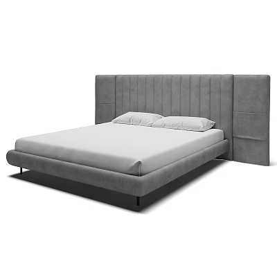 Modern Minimalist Grey Double Bed With Vertical Tufted Wide Headboard And Soft Mattress 3d model