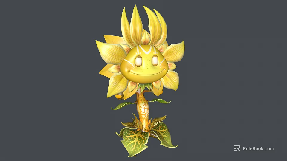 Cartoon Sunflower Character Creature With Yellow Petals Smiling Face Bright Eyes Golden Stem Green Leaves 3d model 