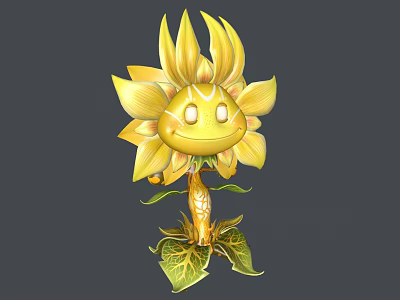 Cartoon Sunflower Character Creature With Yellow Petals Smiling Face Bright Eyes Golden Stem Green Leaves 3d model