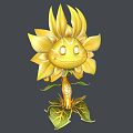 Cartoon Sunflower Character Creature With Yellow Petals Smiling Face Bright Eyes Golden Stem Green Leaves
