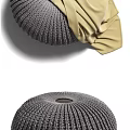 Gray Knitted Round Pouf With Beige Cloth For Living Room Decor