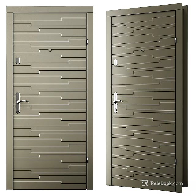 Modern Metal Swing Door With Horizontal Striped Pattern And Silver Handle Design 3d model 