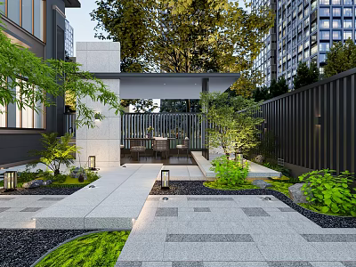 Modern Garden Landscape With Stone Pavement Green Plants Outdoor Lighting And Seating Area 3d model