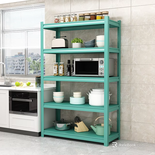 Teal Kitchen Storage Shelf Holding Microwave Dishes Pots Toaster And Plants In Modern Kitchen 3d model 