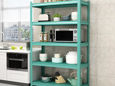 Teal Kitchen Storage Shelf Holding Microwave Dishes Pots Toaster And Plants In Modern Kitchen 3d model