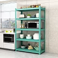 Teal Kitchen Storage Shelf Holding Microwave Dishes Pots Toaster And Plants In Modern Kitchen