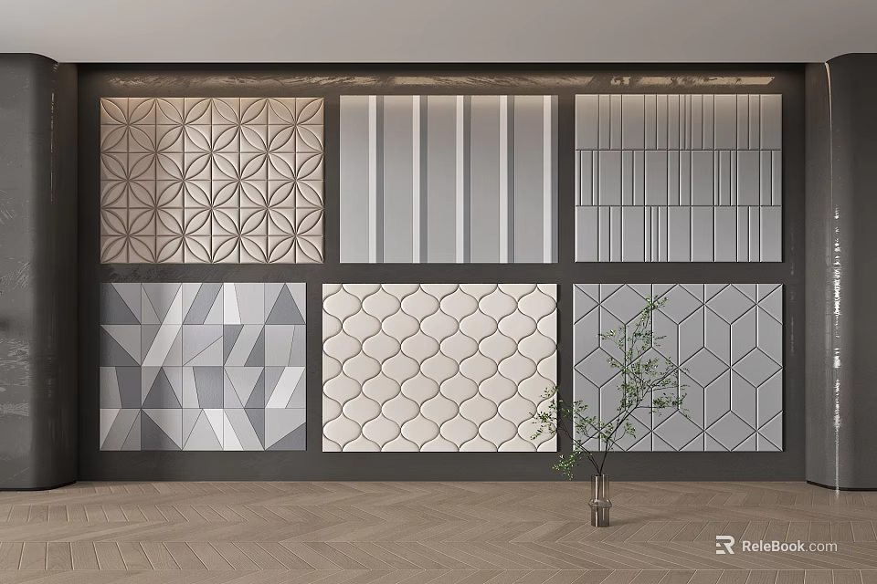 Various Geometric Soft Panel Wall Decorations With Striped And Hexagonal Patterns 3d model 