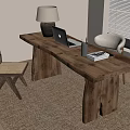 Natural Wood Desk Setup With Laptop Lamp Wicker Chairs And Window Blinds