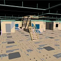Cartoon Scene Interior With Geometric Patterns Wooden Staircase Warm Yellow Tones Rooms Door Window Frames