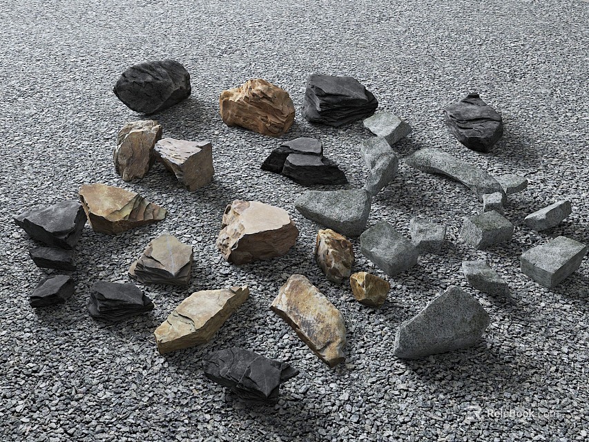 Natural Stones and Wooden Pieces in Various Colors and Shapes Scattered on Ground 3d model 